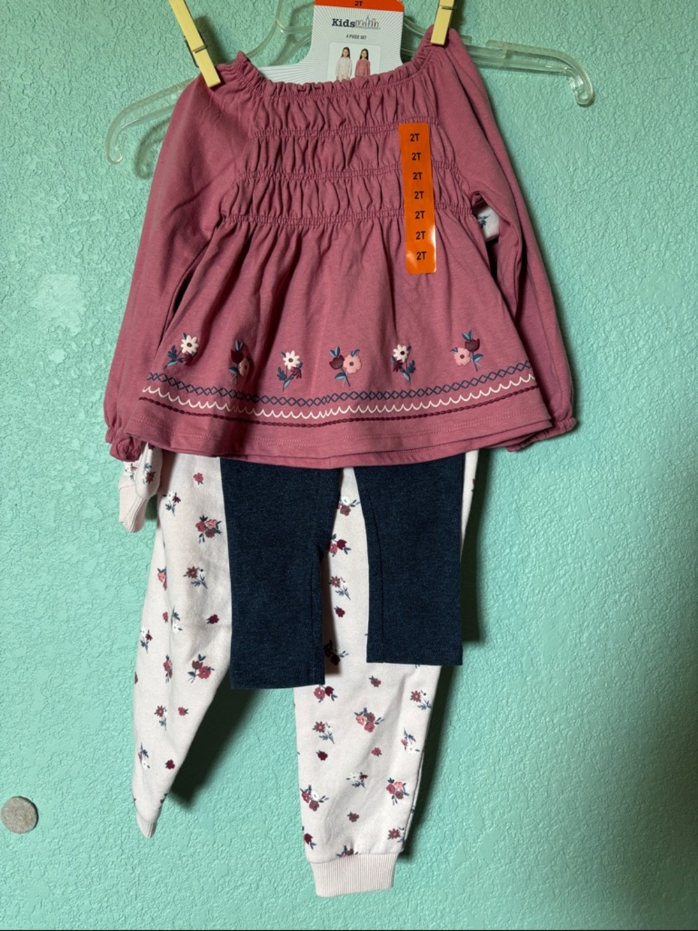 🆕 Kids Headquarters 4 piece Pink Floral Smocked Top & Leggings Set, 2T - NWT